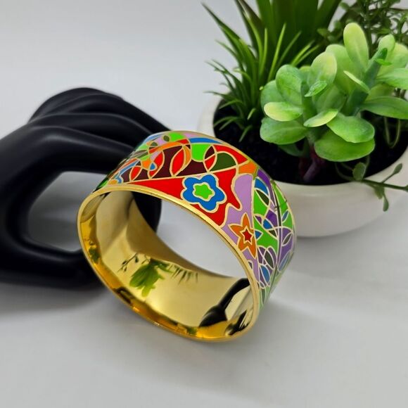Beautiful GOLD-TONE Enamel Bangle Cuff Bracelet Vibrant Colors. - Picture 1 of 7